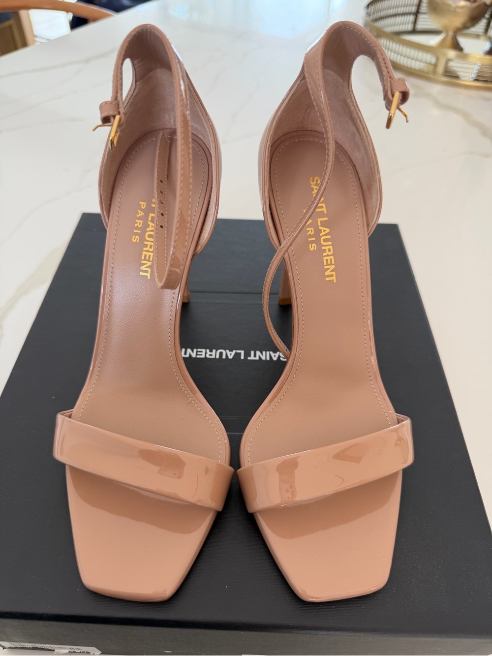 Saint Laurent Blush Patent Leather Ankle-Strap Heels